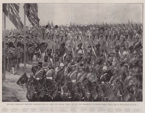 De grote kroningsprocessie, vertegenwoordigers van Indiase en koloniale troepen en de regimenten van de koning in Europese legers die deelnemen aan de optocht van 27 juni
